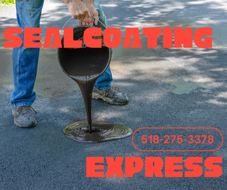 Sealcoating Express, with phone number 518-275-3378, and image of man pouring driveway seal. Image describes sealcoating express sealing a driveway or parking lot near Albany, NY.